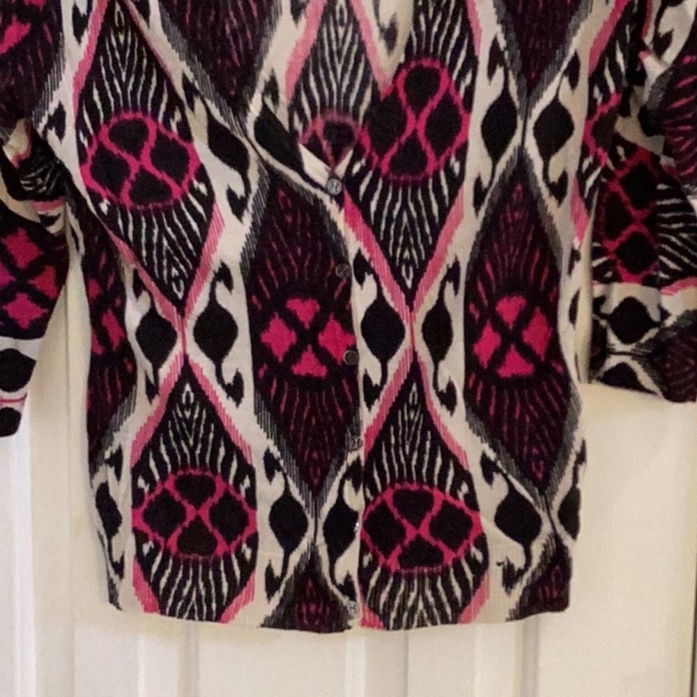Tory Burch Low-Cut Deep V-Neck Black, White & Raspberry Cardigan - Picture 3 of 7